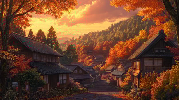 Autumnal Japanese Village Street with Traditional Houses photo