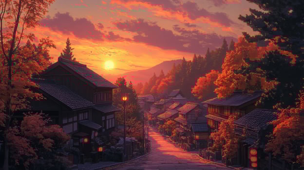 Sunset over a Japanese Village Street with Autumn Leaves photo