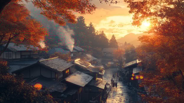A Japanese Village Street at Sunset with Autumn Foliage photo