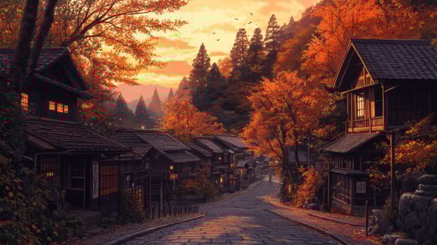 A quaint Japanese village street lined with traditional wooden houses during autumn sunset. photo