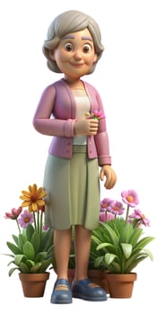 A grown old woman among flowers in her garden. photo