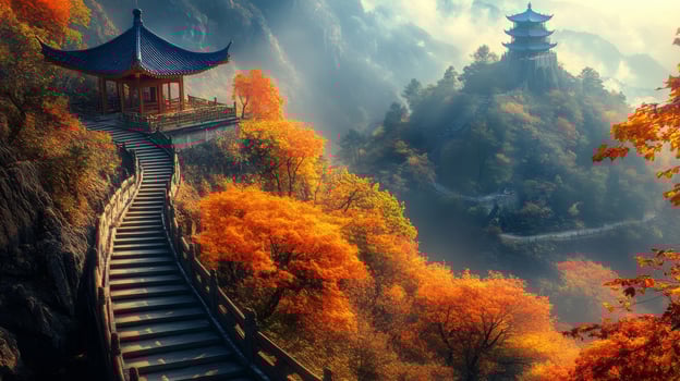 Ancient Pagoda Perched on a Misty Mountainside with Autumn Foliage photo