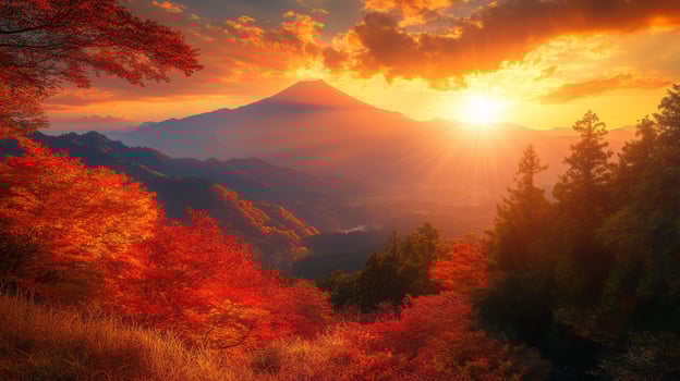 Majestic Mount Fuji at Sunset with Vibrant Autumn Foliage photo