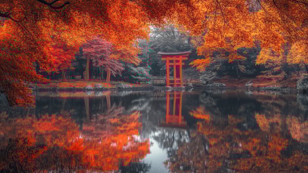 Red Torii Gate Reflecting in a Tranquil Autumn Lake photo