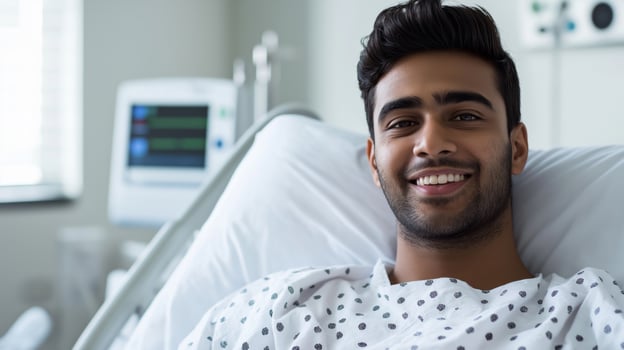 Young South Asian Man in Hospital Bed, Smiling and Recovering, Perfect for Health and Patient Care Themes photo