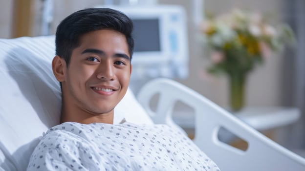 Young Filipino Man Resting in Hospital Bed Smiling, Healthcare, Medical Recovery photo