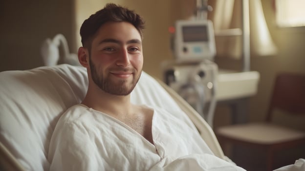 Young Man Reflecting Brave Resilience in Hospital Bed, Medical Recovery, Diverse Background and Positive Outlook photo