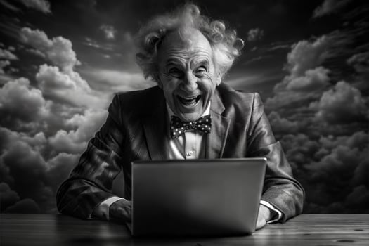 A man in a suit and bow tie is sitting at a desk with a laptop in front of him. He is smiling and he is happy. photo