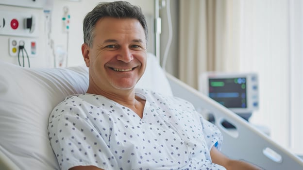 MiddleAged Polish Man Smiling in Hospital Bed, Healthcare, Recovery, Patient Care, Medical Facility photo