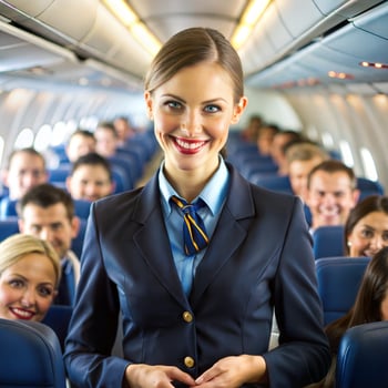 A smiling woman in a blue uniform stands in the middle of a crowded airplane. She is surrounded by passengers, some of whom are smiling back at her. The atmosphere is lively and cheerful photo