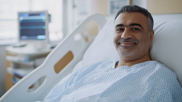 Middle Eastern Man in His 40s Smiling while Lying in a Hospital Bed, Medical Care and Recovery Concept photo