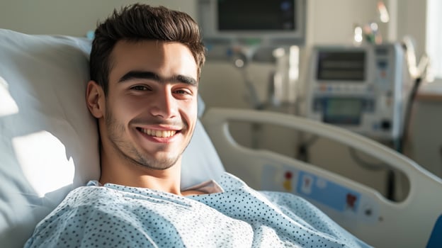 Young Italian Man Smiling in Hospital Bed, Healthcare and Recovery Concept for Medical Advertising, Design, Poster photo