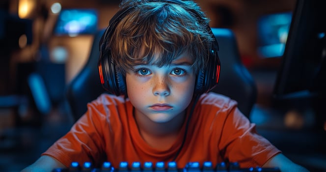 A young boy wearing headphones is playing a game. He is focused on the screen and he is enjoying himself photo