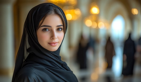 A woman wearing a black scarf stands in a room with other people. She has a beautiful smile on her face photo