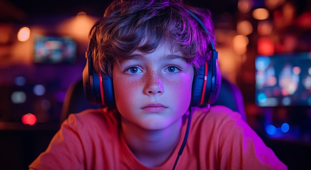 A boy wearing headphones and an orange shirt. He is looking at the camera. The room is dimly lit photo