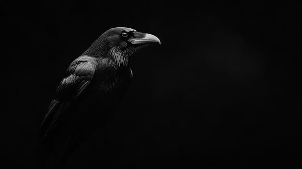 A black crow is standing in front of a dark background. The image has a moody and mysterious feel to it, as the crow is the only visible element in the scene photo