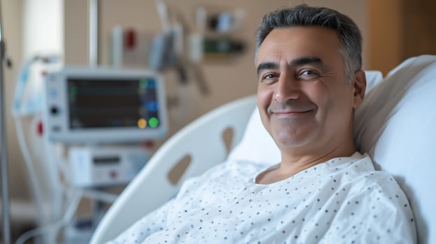 MiddleAged Man Smiling in Hospital Bed Medical Care, Recovery, Wellness Suitable for Healthcare Advertising, Patient Care, and Wellness Campaigns photo