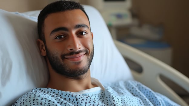 Young Arab Man Relaxing in Hospital Bed, Smiling, Healthcare and Recovery, Authentic Patient Experience photo