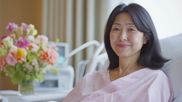 Japanese Woman in Her Mid 40s Resting Comfortably in a Hospital Bed with Floral Arrangement, Suitable for Healthcare and Wellbeing Design photo