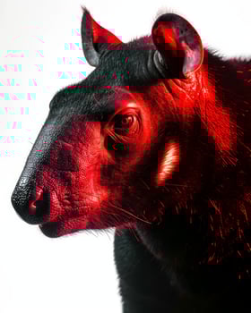 A close up of a black animal with red glowing eyes photo
