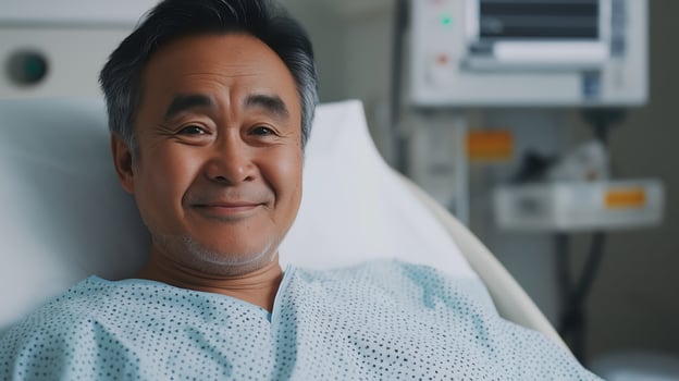 Middleaged Central Asian Man Relaxed in a Hospital Bed Receiving Medical Care photo