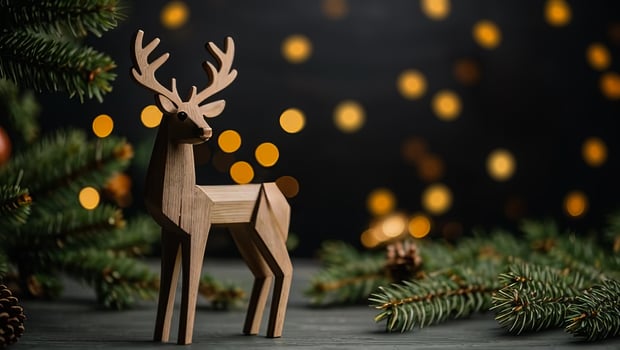 figurine of a wooden deer on a minimalistic New Year's background in Scandinavian style photo