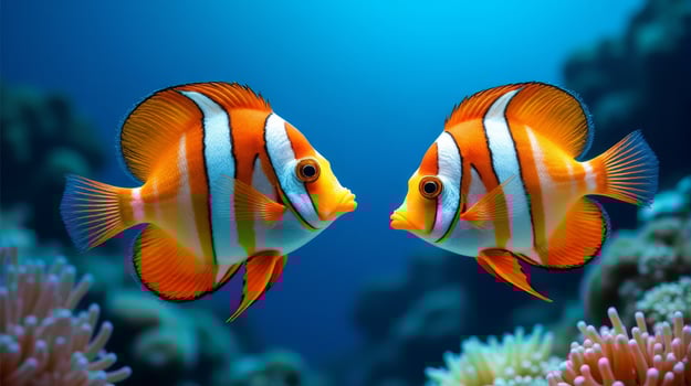 Vibrant Orange Discus Fish Swimming Near a Coral Reef, In Deep Blue Ocean Water photo