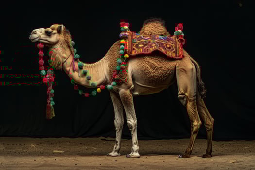 A camel with a colorful saddle on it photo