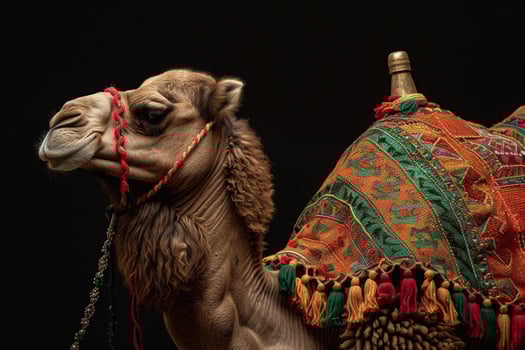A camel with a colorful blanket on its back photo