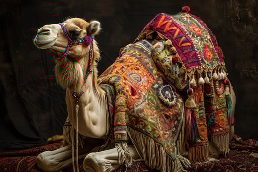 A camel with a colorful blanket on it photo