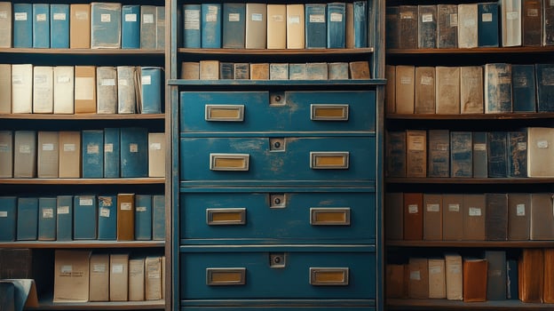 Old blue wooden card catalog surrounded by bookshelves full of books in a library photo