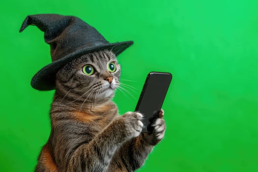 Funny cat wearing witch hat using smartphone on green background photo
