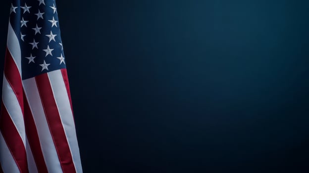 An American flag boldly stands against a rich dark blue backdrop, symbolizing the enduring spirit of the upcoming 2024 US presidential election, embodying patriotism and the values we hold dear photo