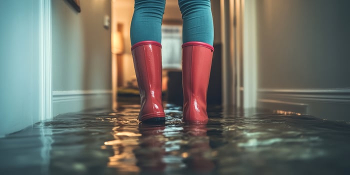 A person wearing rubber boots stands in a deeply flooded room, emphasizing the severe and devastating impact that flooding has on homes and the everyday lives of families during such critical crises photo