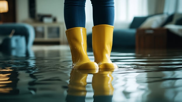 A determined individual stands in a flooded room, wearing bright yellow rubber boots that contrast with the water, highlighting the challenging situation they are enduring amid the inundation photo