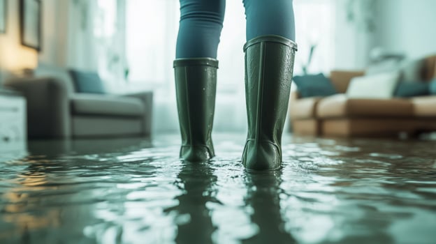 A person is standing in a flooded room, wearing rubber boots as water completely surrounds their feet, vividly illustrating the devastating impact of severe flooding within a home environment photo