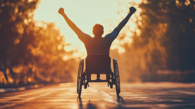 A joyful wheelchair athlete celebrates at sunrise, embodying perseverance and strength. This scene inspires others to embrace challenges with passion, showcasing determination and the human spirit photo
