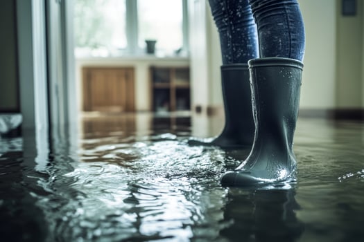 A person wearing sturdy rubber boots stands in a waterlogged room, vividly illustrating the severe impact of flooding and the overwhelming challenges that inundation creates within homes photo