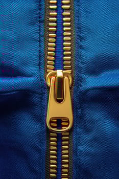 Golden zipper fastener on blue fabric showing macro detail of teeth photo