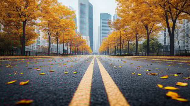 A serene autumn scene features an empty road covered in vibrant fallen leaves, with impressive city buildings rising majestically in the background, showcasing the essence of urban beauty photo