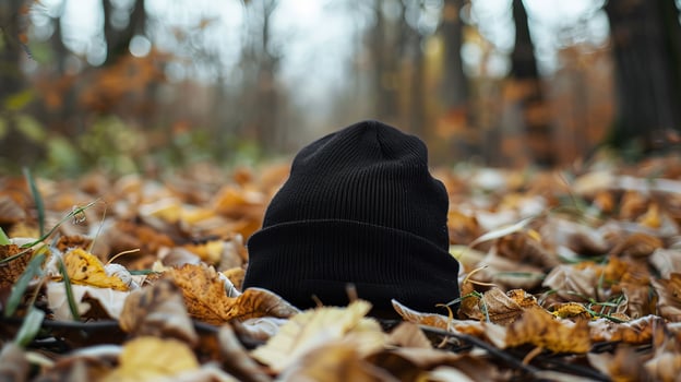 A black beanie hat is sitting on top of a pile of leaves photo