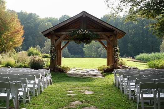 Chairs arranged for a wedding under a wooden arbor in a peaceful park photo