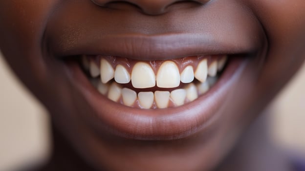 CloseUp of a Young Boy's Bright Smile Showcasing Healthy White Teeth and Dark Brown Skin photo