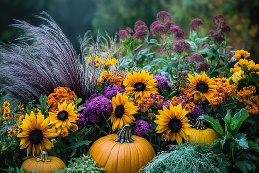 beautiful garden showcases sunflowers and pumpkins beside colorful autumn blooms photo