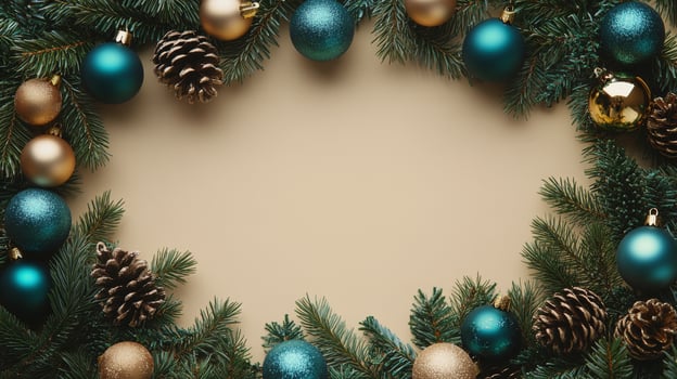Christmas ornaments and pine cones on a neutral background for holiday cheer photo