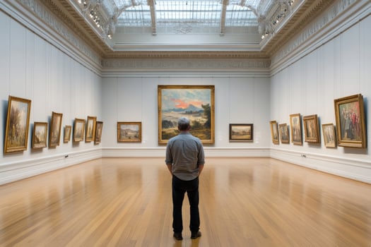 Man stands alone in an art gallery, contemplating framed paintings photo