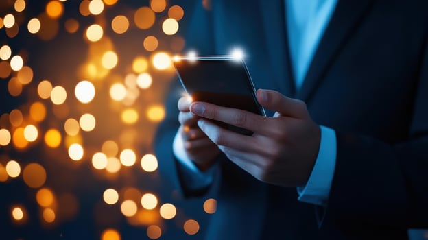 Modern businessman leveraging smartphone for effective digital marketing and lead generation in a streamlined business setting. photo