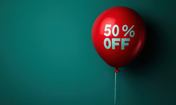 50 off percent discount concept. Bright red balloons on a black background. black Friday sale concept photo