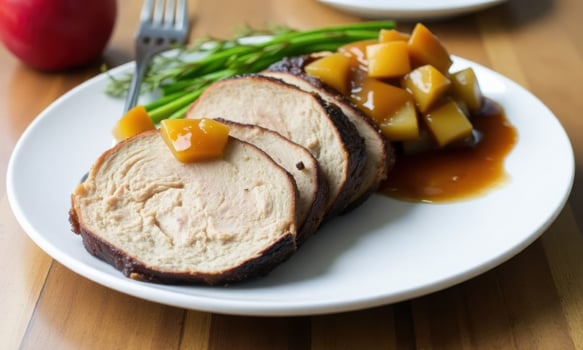 Pork roast with apples and asparagus photo