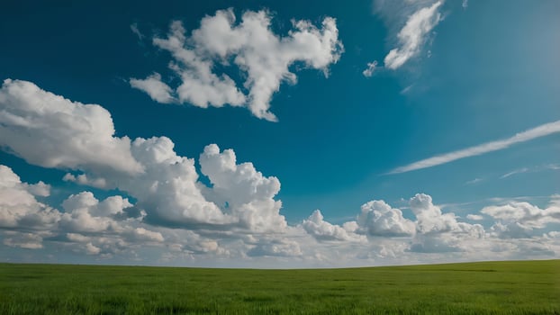 Expansive Green Field Under a Blue Sky with Puffy White Clouds photo